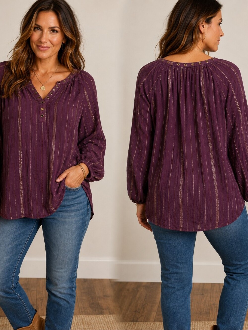 Rock & Republic Size L Plum Metallic Stripe Boho Blouse Boho Chic Western Glam F